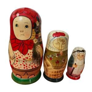 Lot 3 Vintage Little Red Riding Hood Russian Nesting Dolls Authentic Models